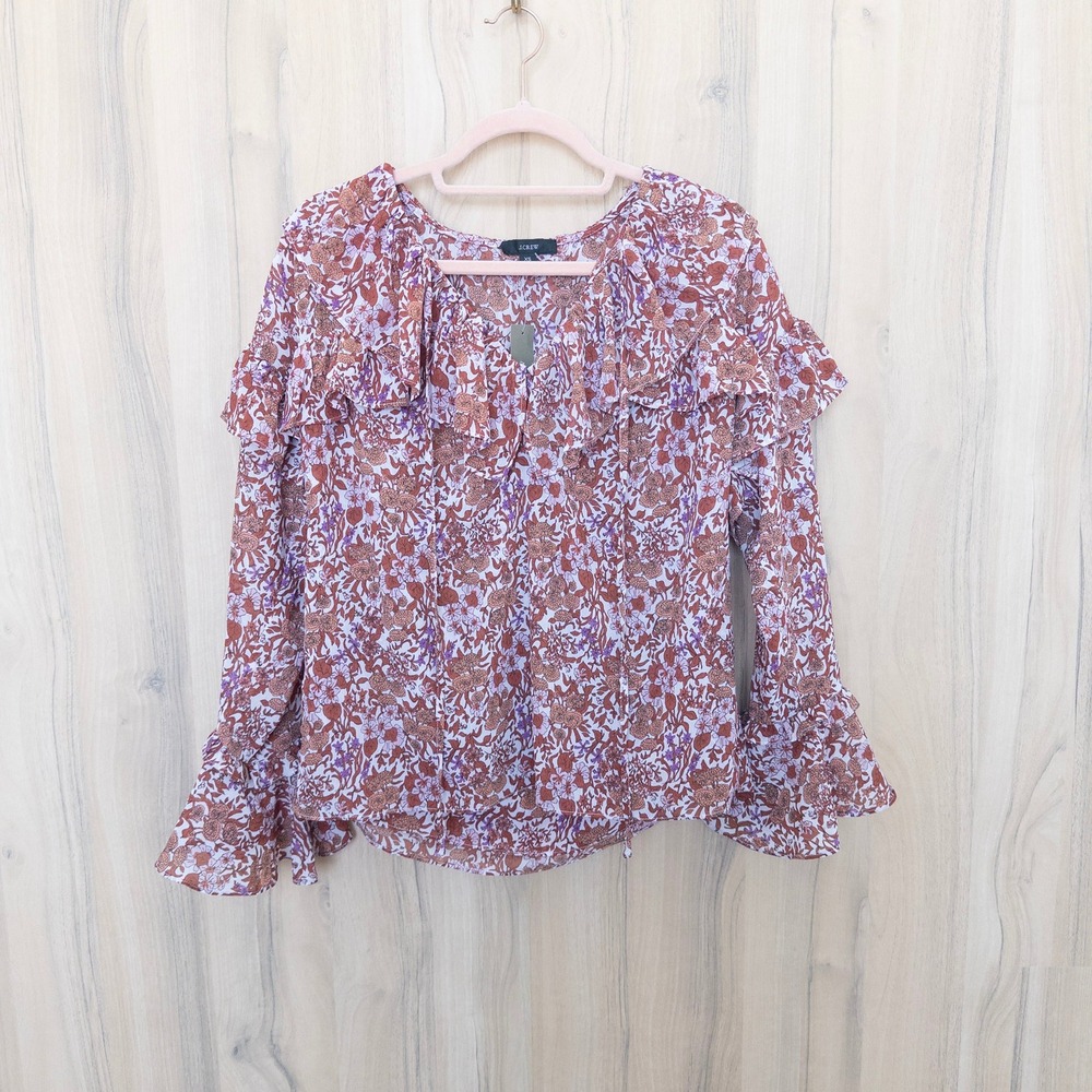 J.Crew Womens Floral Ruffle Blouse XS Bell Sleeve Boho Cottage Romantic Feminine